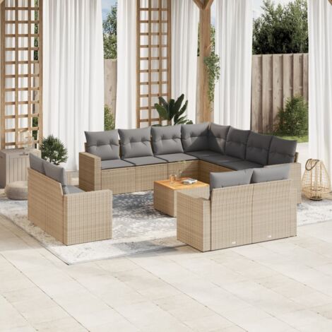 Salon de jardin modulaire 12 places en résine tressée beige avec coussins gris et table en acacia - Ensemble canapé d'angle, central et accoudoirs (1/3)