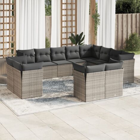 Ensemble Salon Jardin 12 Places Gris Résine Tressée Modulable avec Coussins (1/3)