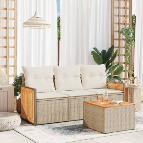 [Ensemble de Jardin] Canapé Modulaire avec Table et Coussins 4 Pièces en Résine Tressée Beige, Blanc Crème, Stockage Intégré, Acacia (1/3)