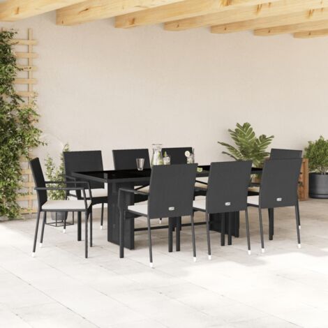 Ensemble de Jardin à Manger 9 Pièces Noir Résine Tressée avec Coussins - Table 190cm & 8 Chaises avec Coussins Crème, Meuble d'Extérieur Durable en Polyrotin et Verre Trempé (1/5)