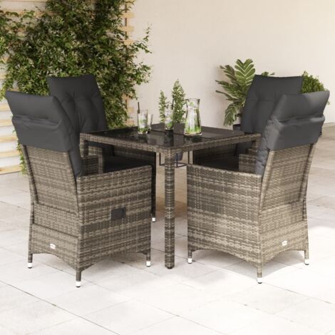 Ensemble de Jardin 5 Pièces avec Coussins Résine Tressée Grise Table en Verre Trempé 90x90cm Fauteuils Inclinables Gris (1/5)