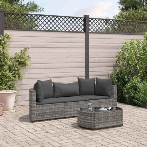 Ensemble canapé jardin modulaire 4 places gris résine tressée acier + table verre (1/5)