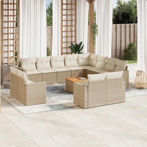Salon de jardin 13 pièces canapé + table en résine tressée beige avec coussins - Ensemble modulaire avec rangement intégré et bois d'acacia (1/5)