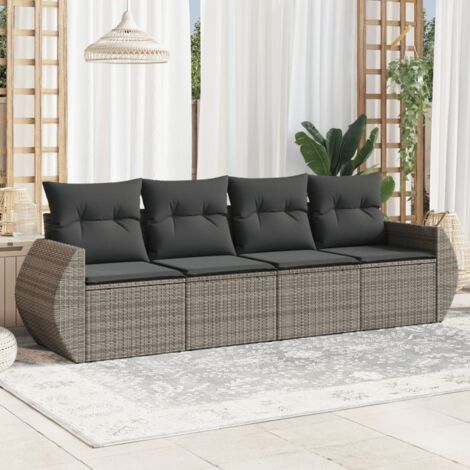 Salon de jardin 4 places gris en résine tressée (poly rotin) - Ensemble de 2 canapés et 2 chaises avec coussins déhoussables lavables - Cadre acier (1/3)