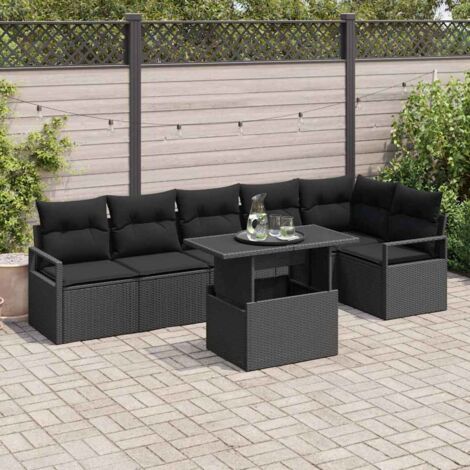 Canapé d'angle modulable 7 places noir poly rotin avec table réglable et coussins, jardin, terrasse, extérieur (1/5)