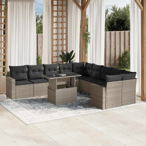 Ensemble de jardin 11 pièces en résine tressée gris clair avec table extensible et coussins amovibles - Salon extérieur modulaire avec fauteuils, canapés et repose-pieds (1/5)