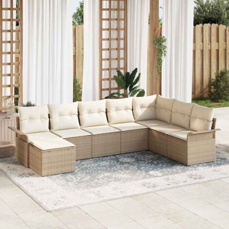 Ensemble de Salon de Jardin Modulaire 8 Places en Polyrotin Beige - Canapé d'Angle, Pouf et Coussins Amovibles (1/5)