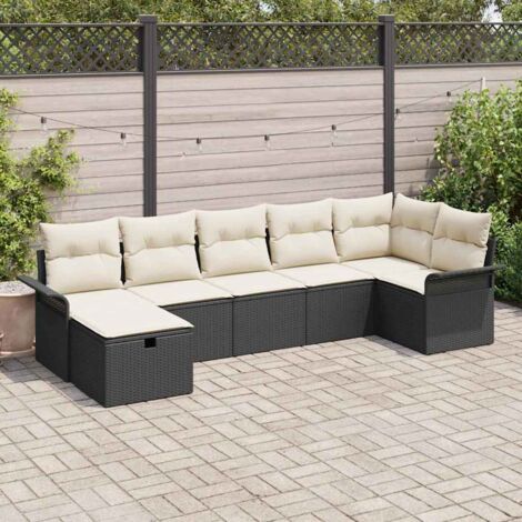 Canapé Jardin 7 Places en Polyrotin Noir Modulaire avec Coussins et Coffre de Rangement (1/5)
