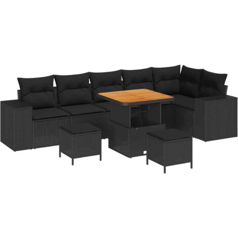 Canapé de Jardin Modulaire 9 Pièces Noir avec Coussins Table en Acacia – Polyrotin Résistant aux UV, Design Modulable pour Terrasses et Patios (1/4)