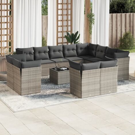 Salon de jardin en résine tressée gris 13 pièces avec table en verre trempé, coussins lavables et rangements (1/3)