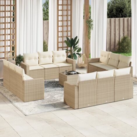 Salon de Jardin 13 Pièces - Résine Tressée Beige, 8 Coins + 4 Centraux + Table en Verre Trémpé, Coussins Blanc Crème Dossiers, Housses Lavables (1/3)