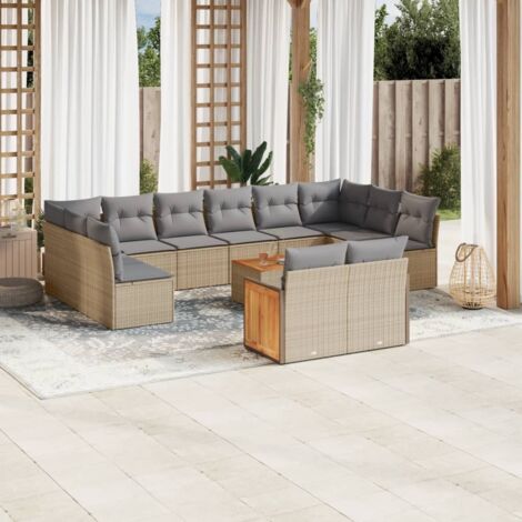 Ensemble de salon de jardin 13 pièces beige, résine tressée et acier, avec 2 canapés, 8 sièges et table acacia, coussins gris lavables, max 110kg (1/5)