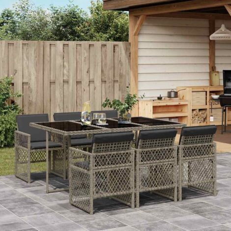 Ensemble de Jardin 7 pièces Gris - Table en Verre Trempé avec 6 Chaises en Polyrotin et Coussins Amovibles Lavables (1/5)