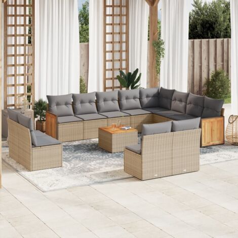 Ensemble de salon jardin 13 pièces beige résine tressée avec coussins gris, table en acacia (1/5)