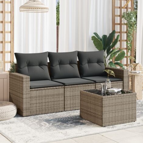Salon de Jardin Gris Résine Tressée 4 Pièces avec Coussins (1/3)