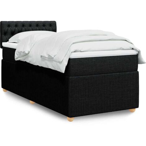 Cadre de Lit avec Matelas 90x200 cm en Tissu Noir - Sommier à Lattes, Tête de Lit et Surmatelas Inclus (1/5)