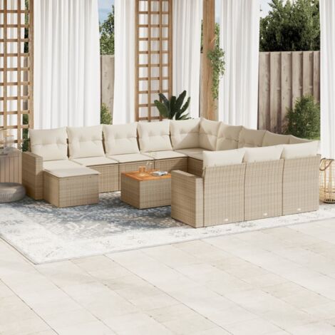 Ensemble de salon jardin 13 places en résine tressée beige avec coussins et rangements (1/5)