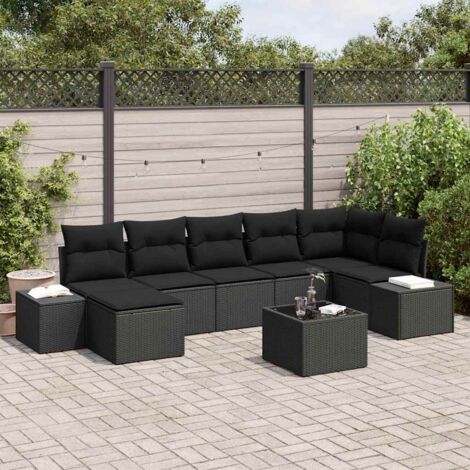 Canapé d'Extérieur Modulaire 7 Places avec Table et Coussins - Noir Polyrotin - Meuble Salon de Jardin (1/5)
