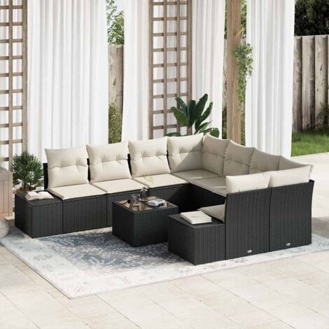 Set de Jardin en Polyrotin Noir Modulaire 9 Pièces avec Coussins, Table Verre Trempé et Sac de Rangement (1/5)