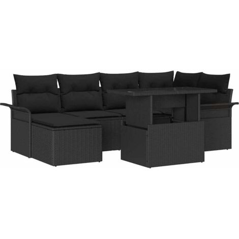 Ensemble canapé de jardin modulaire 7 pièces Noir Poly rotin avec coussins d'extérieur (1/5)