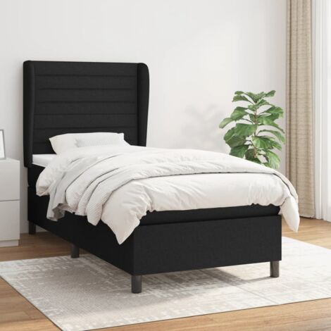 Lit à Sommier avec Matelas Tissu Noir 90x200 cm - Cadre Bois Massif, Tête de Lit Réglable, Support Moyen-Ferme (1/5)