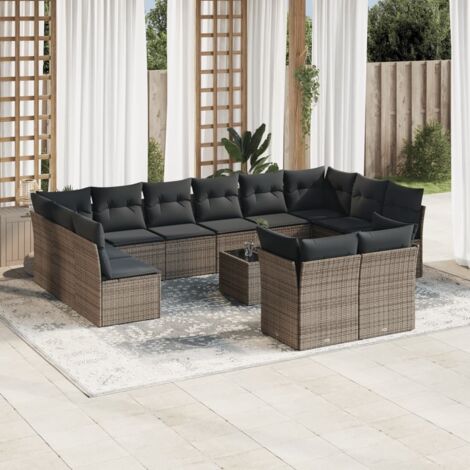 Salon de Jardin Modulaire 13 Pièces Gris Résine Tressée, 8 Fauteuils, 4 Coins d'Angle, Table Verre Trempé, Coussins Polyester Lavables (1/3)