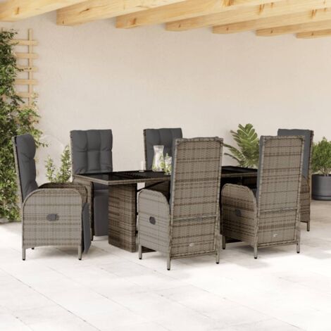 Ensemble de Salon Jardin 7 Pièces Gris avec Coussins Table Verre Trempé 190x80 cm et Chaises Polyrotin Inclinables Résine Tressée Livraison 1 Table + 6 Chaises + 12 Coussins (1/5)