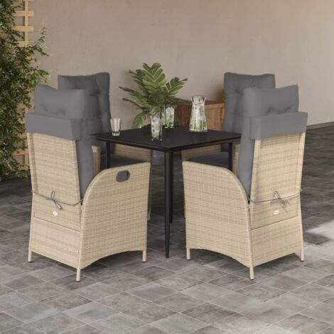 Ensemble Jardin 5 Places Table Verre Trempé 80x80 cm avec 4 Chaises Poly Rotin Beige Inclinables et avec Coussins Gris Lavables (1/5)