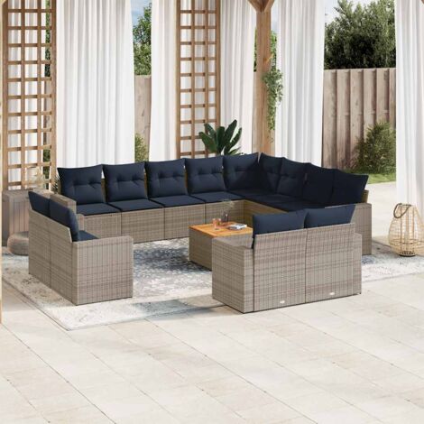 Salon de jardin modulaire en résine tressée grise avec 13 coussins bleu marine, 12 places, table acacia, rangement (1/5)