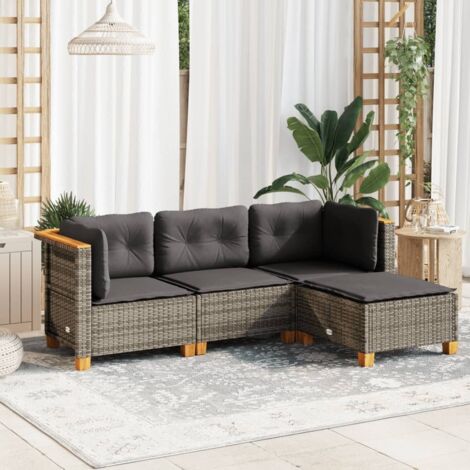 Ensemble de jardin 4 places en résine tressée gris avec coussins déhoussables (1/5)