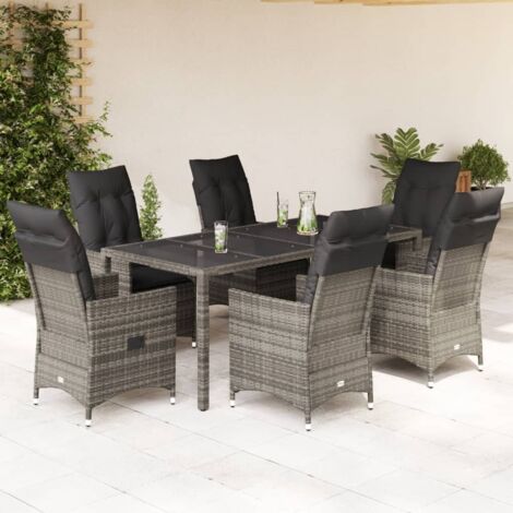Ensemble de Jardin 7 Pièces avec Table en Verre Trempé et Chaises Reclinables Gris - Résine Tressée Polyrotin et Coussins Amovibles (1/5)