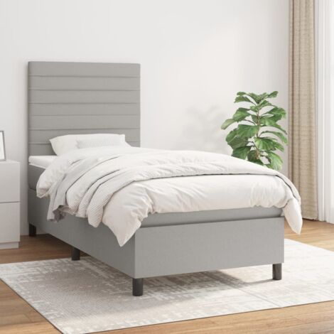 Lit à Sommier avec Matelas en Tissu Gris Clair 90x200 cm, Tête de Lit Réglable, Ressorts Ensachés et Surmatelas Inclus (1/5)