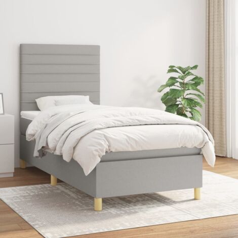 [Sommier Tapissé] Lit 90x200 cm avec Matelas à Ressorts Ensachés Moyen-Ferme, Tête de Lit Réglable en Tissu Gris Clair et Protège-Matelas, Pack Complet (1/5)
