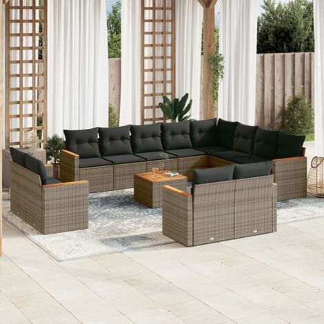 Salon de Jardin en Résine Tressée Gris 13 Pièces - Table Acacia + Coussins Dossiers Housses Lavables (1/3)