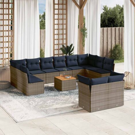 Ensemble de Salon de Jardin 13 Pièces en Résine Tressée Grise avec Coussins, Table en Acacia, Housse Lavable, Modulaire, Fonction Rangement (1/5)