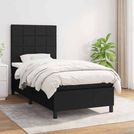 Lit sommier tissu noir avec matelas à ressorts ensachés 90x200 cm, tête de lit réglable et surmatelas inclus. (1/5)