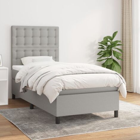 Lit + Matelas 90x200 cm - Tissu Gris Clair, à Ressorts Ensachés, Support Dos, Tête Réglable, Protège-Matelas Inclus (1/5)