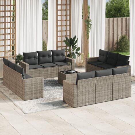 [Ensemble de salon de jardin] Salon avec 12 places + table + 13 coussins, résine tressée grise, meubles d'extérieur modulables (1/3)
