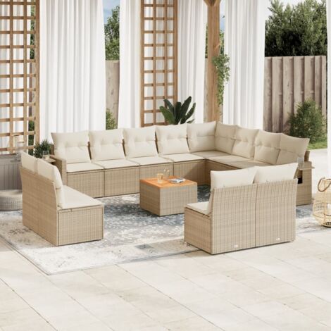 Canapé de Jardin Modulable en Résine Tressée Beige avec Coussins, 13 Pièces, Table Acacia, Stockage Intégré (1/3)