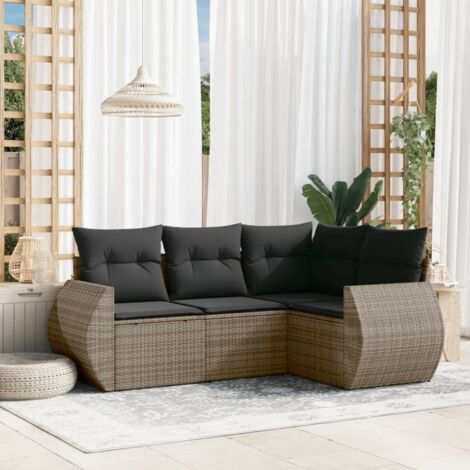 Ensemble Salon de Jardin 4 Places en Résine Tressée Gris avec Coussins - Canapé Modulaire Angle et Central (1/5)
