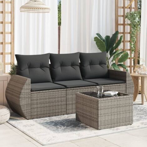 Ensemble de salon de jardin 4 places en résine tressée grise avec coussins déhoussables et table en verre trempé - Modulable et rangement intégré (1/3)