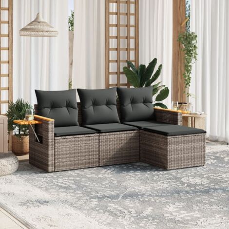 Ensemble de Salon Jardin 4 Places en Résine Tressée Gris avec Coussins Détachables, Table d'Appoint Intégrée, Confortable et Résistant aux Intempéries (1/5)
