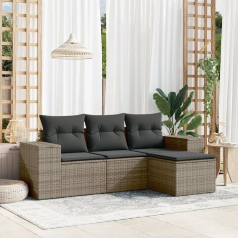 Ensemble Salon Jardin 4 Pièces Résine Tressée Gris avec Coussins Détachables (1/5)