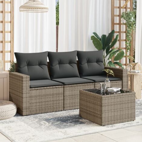 Ensemble salon de jardin 4 places gris résine tressée avec verre trempé, rangement (1/3)