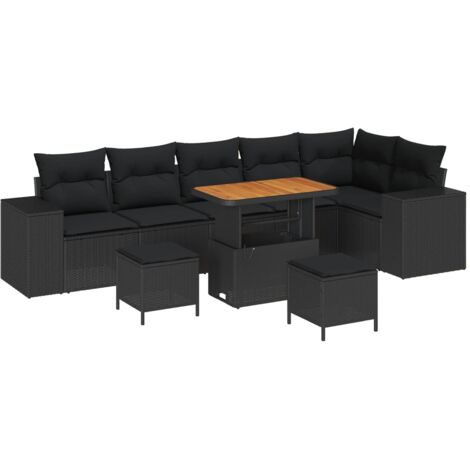 Canapé de Jardin en Polyrotin Noir, Modulaire avec 9 Pièces, Table en Acacia Réglable, Accueille 8 Personnes (1/5)