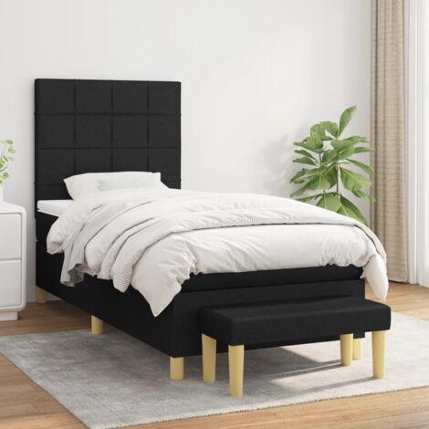 Lit avec Matelas à Ressorts Ensachés 90x200 cm, Tête de Lit Réglable en Hauteur, Banc Multifonctionnel Inclus - Noir, Tissu Polyester (1/5)