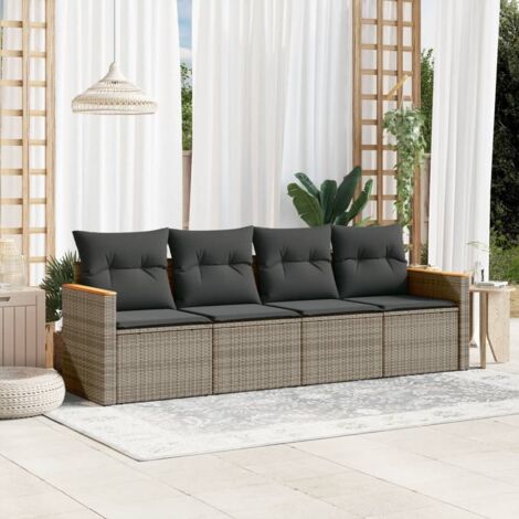 Ensemble Salon de Jardin Modulaire 4 Places en Résine Tressée Gris avec Coussins et Accoudoirs Acacia 120x120cm (1/3)