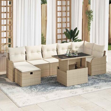 Ensemble de jardin 8 pièces en poly rotin beige avec rangement, pieds réglables et table (1/5)