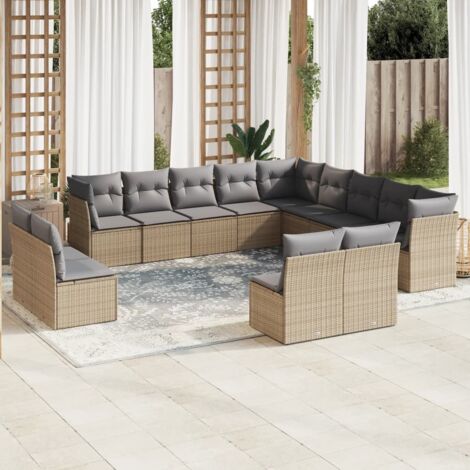 Ensemble Canapé Jardin en Résine Tressée Beige 13 Pièces Modulaire Coussins Gris (1/5)