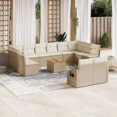 [Ensemble de Jardin Modulaire] - Salon en Résine Tressée Beige - 13 Pièces avec Coussins et Table Acacia (1/3)